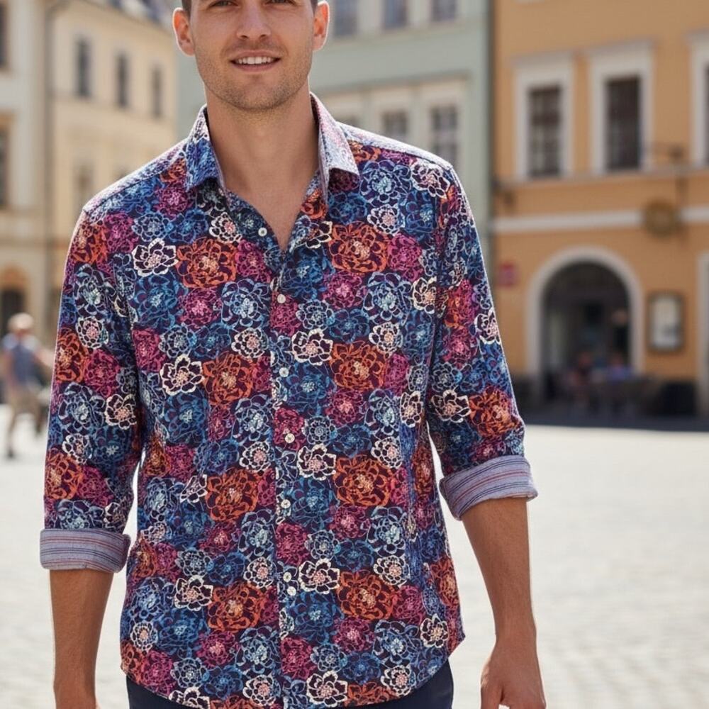 Alan Flusser Floral Shirt Flip Cuffs Womens Large Red Blue Multicolor Career